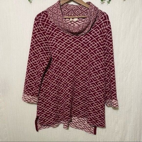 Anthropologie Moth Large Galena Sweater Red Cream Geometric Cowl Neck Alpaca - Picture 2 of 12